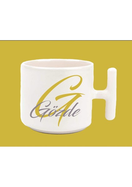 Kişiye Özel G Harfli ve Isimli Gold Gri T Kulplu Kupa Bardak