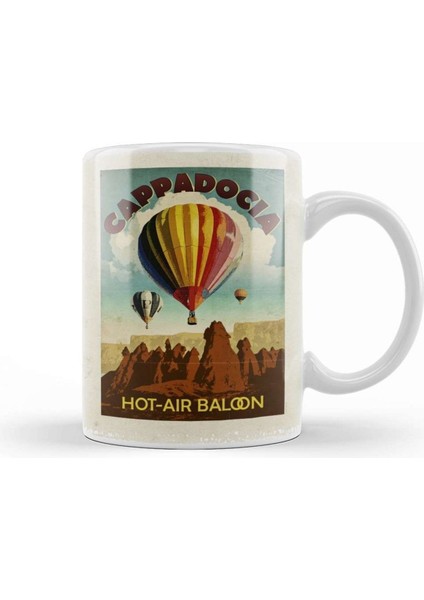 Kapadokya ve Balonlar Temalı Beyaz Porselen Kupa Bardak