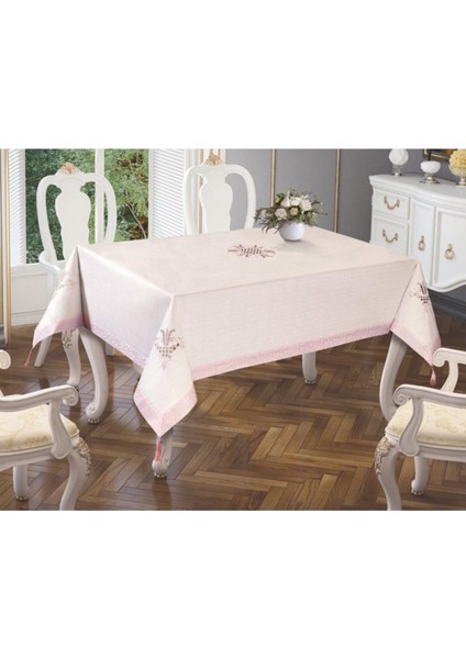Bej Lale Nakışlı Şeritli Şık Masa Örtüsü