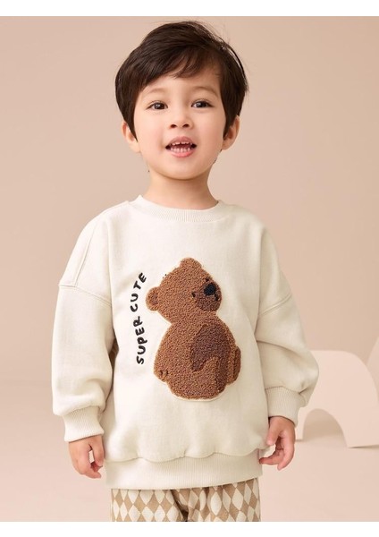 Erkek Çocuk Pamuklu Ekru Pelüş Ayıcık Baskılı Sweatshirt ve Desenli Pantolon Takım fiyatları
