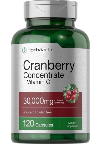 Horbäach Cranberry Concentrate Extract Pills + Vitamin C | 30,000 Mg | 120 Kapsül