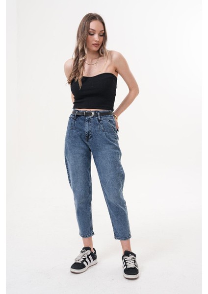 Kemerli Ön Pileli Bilek Boy Jean Mavi Pantolon - RMS559 fiyatları