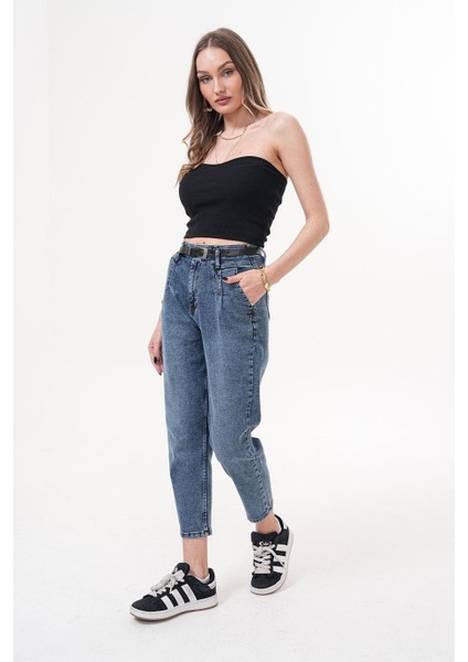 Kemerli Ön Pileli Bilek Boy Jean Mavi Pantolon - RMS559 fırsatları