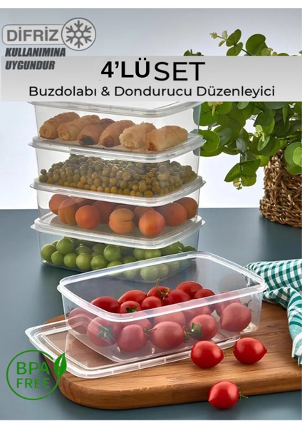 Large 4 Adet 1,35 Lt Organizer Dondurulmuş Öğünlük Et ve Sebze Saklama Kabı Seti - Porsiyon Buzluk Kıyma Kutusu Düzenleyici
