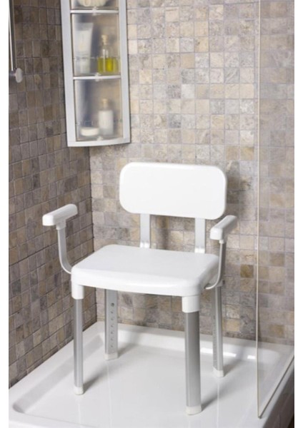 Beyaz Sırt ve Kol Destekli Banyo Taburesi, Konforlu ve Şık Tasarım