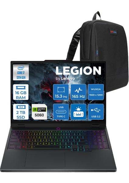 Legion 5 Intel Core I7 13650HX 16GB Ddr5 2tb SSD 8GB/RTX5060/115W 15.3" Wuxga 165Hz IPS 100% Srgb Windows 11 Pro Taşınabilir Bilgisayar 83LY00AXTRH03 + Zettaçanta
