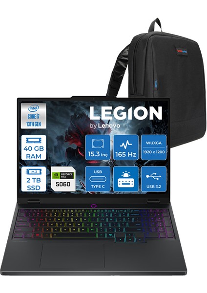 Legion 5 Intel Core I7 13650HX 40GB Ddr5 2tb SSD 8GB/RTX5060/115W 15.3" Wuxga 165Hz IPS 100% Srgb Windows 11 Pro Taşınabilir Bilgisayar 83LY00AXTRH15 + Zettaçanta