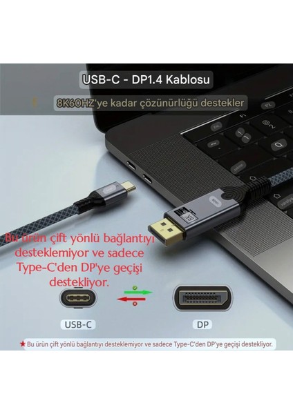 1-Metre Type-C To Displayport Dp 1.4 8K+4K Çevirici Kablo Ce Lisanslı Hasır Orgülü Sağlam Kablo Orjinal indirimleri