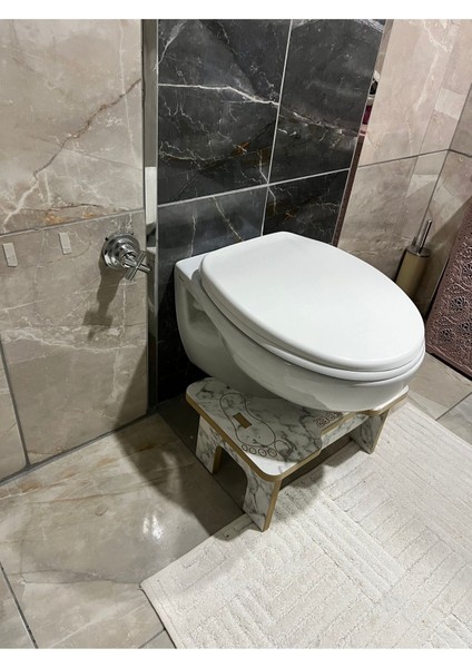 Beyaz Mermer Desenli Tuvalet ve Klozet Altı Destek Taburesi