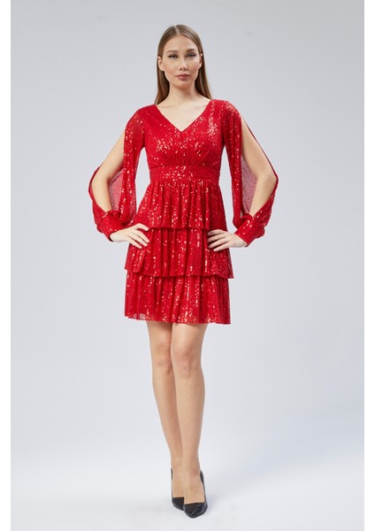 Yırtmaç Kol Detaylı Kat Kat Fırfırlı Payet Elbise fiyatları