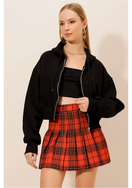 Üç Iplik Fermuarlı Kapüşonlu Kısa Sweat