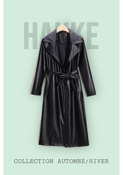 Kadın Siyah Deri Trençkot – Yumuşak Dokulu, Geniş Yakalı, Düz Desenli ve Zarif Tasarımlı Şık Model