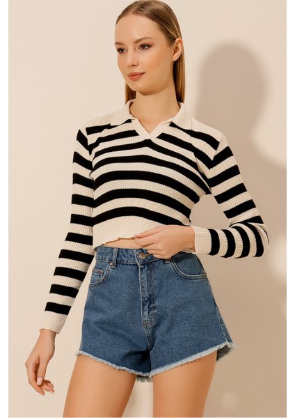 Polo Yaka Çizgili Kaşkorse Bluz
