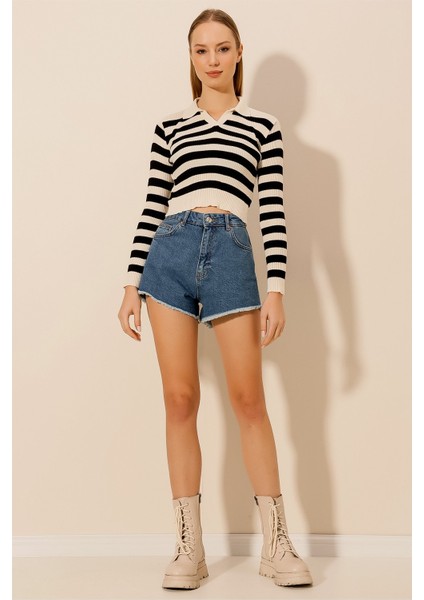 Polo Yaka Çizgili Kaşkorse Bluz