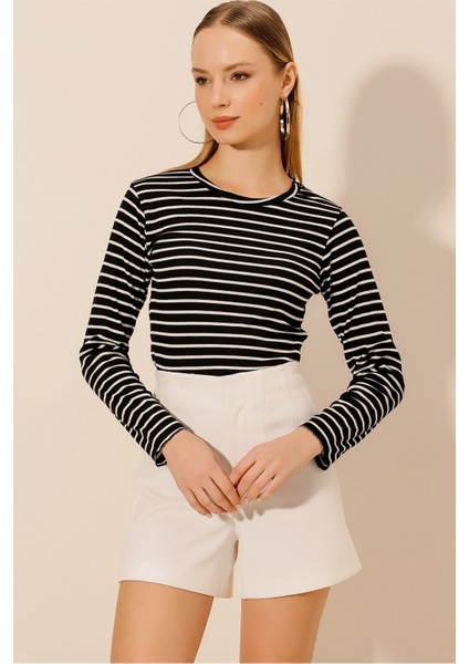 Çizgili Uzun Kol Crop Bluz