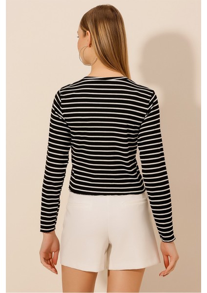 Çizgili Uzun Kol Crop Bluz indirimleri