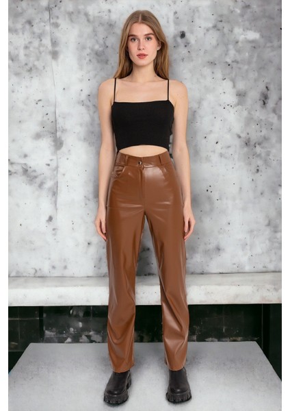 Kadın Yüksel Bel Deri Pantolon