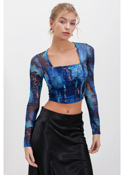 Kare Yaka Tül Crop Bluz
