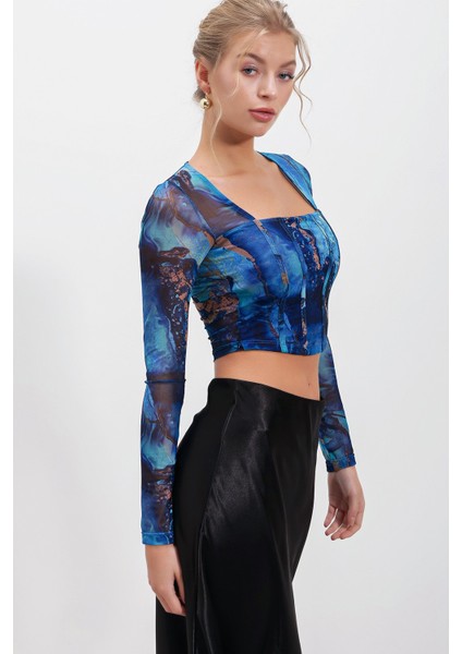 Kare Yaka Tül Crop Bluz modelleri