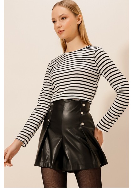 Çizgili Uzun Kol Crop Bluz