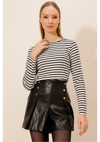 Çizgili Uzun Kol Crop Bluz modelleri