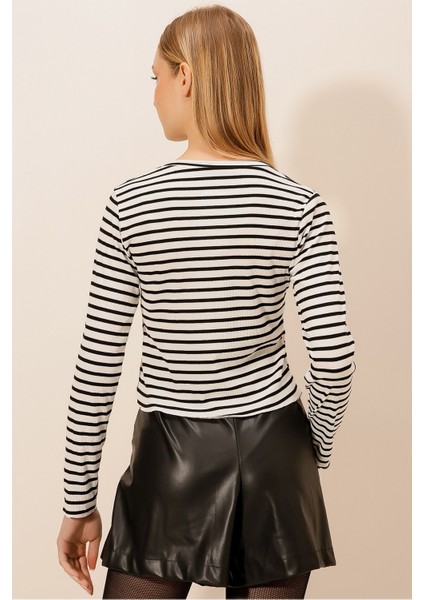 Çizgili Uzun Kol Crop Bluz indirimleri