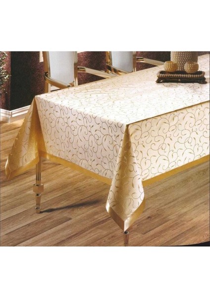 Kahverengi Simli Jakar Masa Örtüsü, Şık ve Parlak Davet Sofraları Için Ideal.