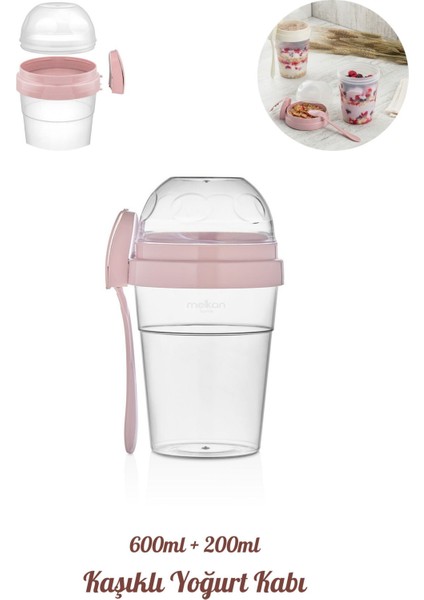 Pembe Taşınabilir Yoğurt Kabı, 600 ml + 200 ml Saklama Haznesi, Pratik ve Şık