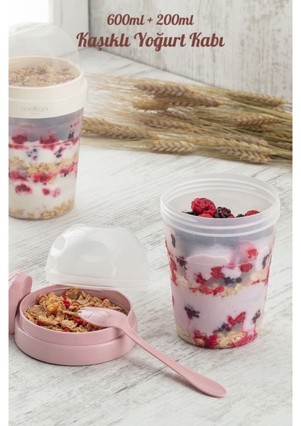 Pembe Taşınabilir Yoğurt Kabı, 600 ml + 200 ml Saklama Haznesi, Pratik ve Şık fiyatları