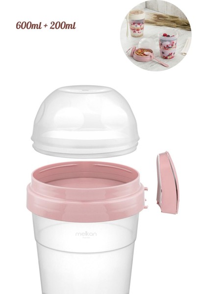 Pembe Taşınabilir Yoğurt Kabı, 600 ml + 200 ml Saklama Haznesi, Pratik ve Şık fırsatları