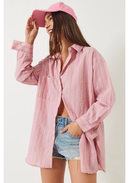 Kadın Tek Cep Detaylı Çizgili Oversize Gömlek
