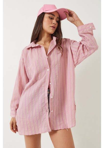 Kadın Tek Cep Detaylı Çizgili Oversize Gömlek modelleri