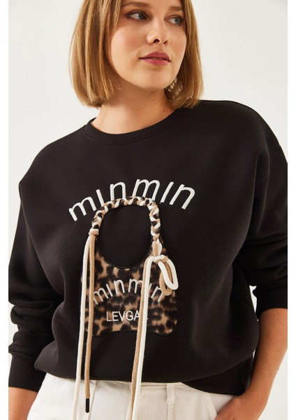 Kadın Leopar Çanta Nakışlı Sweatshirt