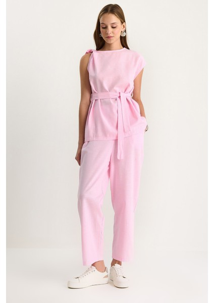 Kadın Omuz Düğüm Detaylı Kuşaklı Keten Alt-Üst Takım