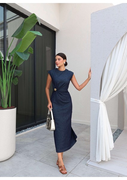 Sıfır Kol Bel Tokalı Denim Elbise