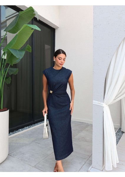 Sıfır Kol Bel Tokalı Denim Elbise fiyatları