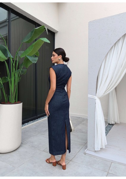 Sıfır Kol Bel Tokalı Denim Elbise indirimleri