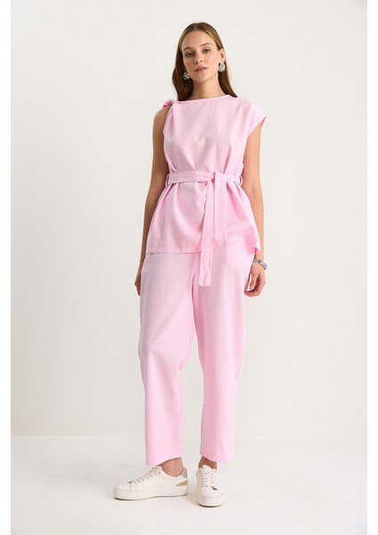 Kadın Omuz Düğüm Detaylı Kuşaklı Keten Alt-Üst Takım fiyatları