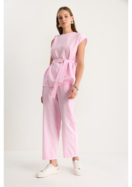 Kadın Omuz Düğüm Detaylı Kuşaklı Keten Alt-Üst Takım modelleri