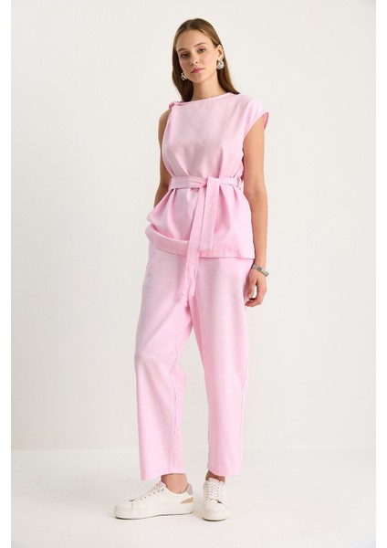 Kadın Omuz Düğüm Detaylı Kuşaklı Keten Alt-Üst Takım fırsatları