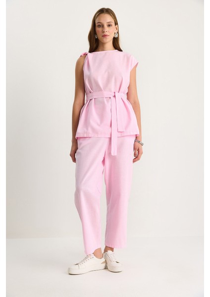 Kadın Omuz Düğüm Detaylı Kuşaklı Keten Alt-Üst Takım indirimleri