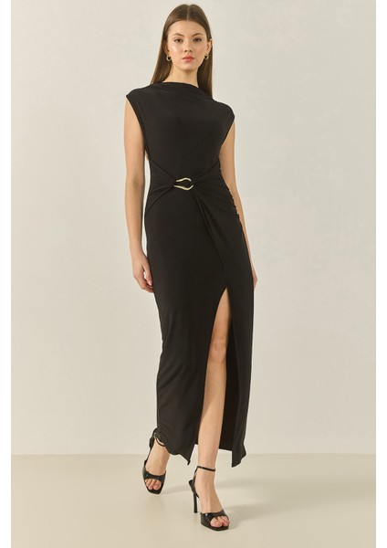 Kadın Toka Detaylı Büzgülü Yırtmaçlı Saran Candy Elbise