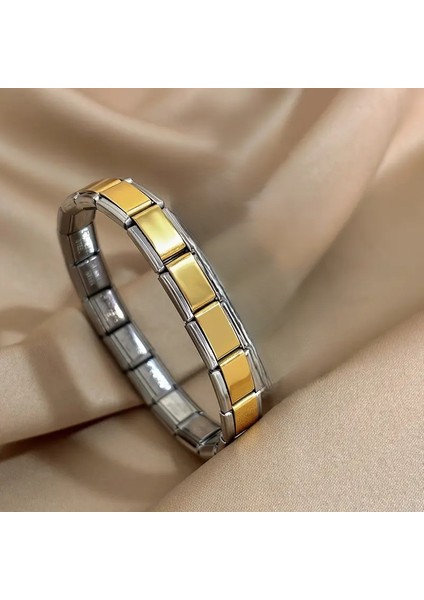 Çelik Bileklik Italyan Charm Yazısız Model Unisex Erkek Kadın 3 mm 18 cm Ortası Gold Kenarı Gümüş
