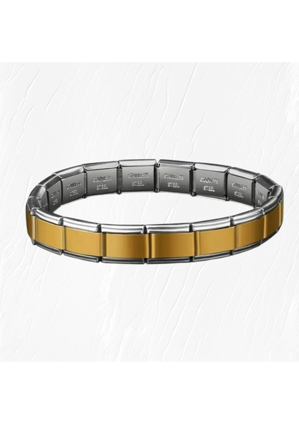 Çelik Bileklik Italyan Charm Yazısız Model Unisex Erkek Kadın 3 mm 18 cm Ortası Gold Kenarı Gümüş modelleri