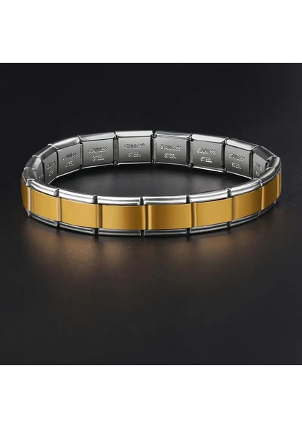 Çelik Bileklik Italyan Charm Yazısız Model Unisex Erkek Kadın 3 mm 18 cm Ortası Gold Kenarı Gümüş fırsatları