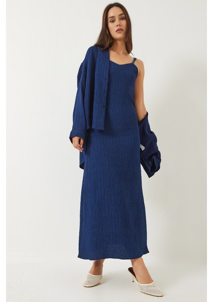 Kadın Dokulu Ince Askılı Elbise Oversize Gömlek 'li Takım