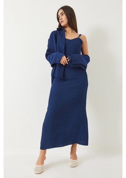 Kadın Dokulu Ince Askılı Elbise Oversize Gömlek 'li Takım fiyatları