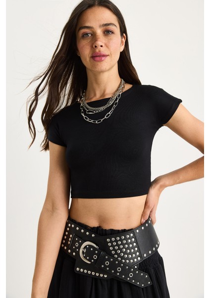 Kadın % Pamuklu Crop T-Shirt