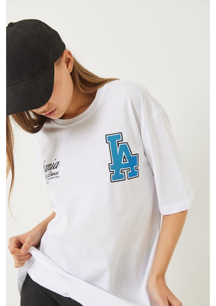Kadın Los Angeles Baskılı Oversize Kısa Kollu Penye T-Shirt
