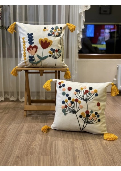 2'li Punch Işlemeli Nakışlı Dekoratif Kırlent Kılıfı